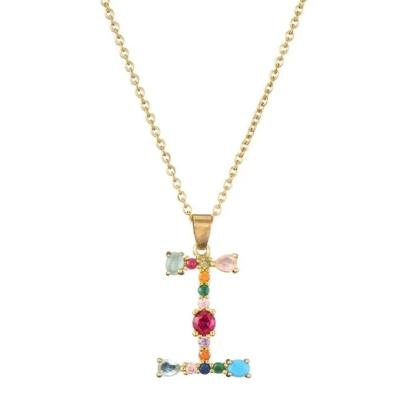 I Initial Pendant Necklace Multicolor Rhinestones Gold Tone Chain - Picture 10 of 16